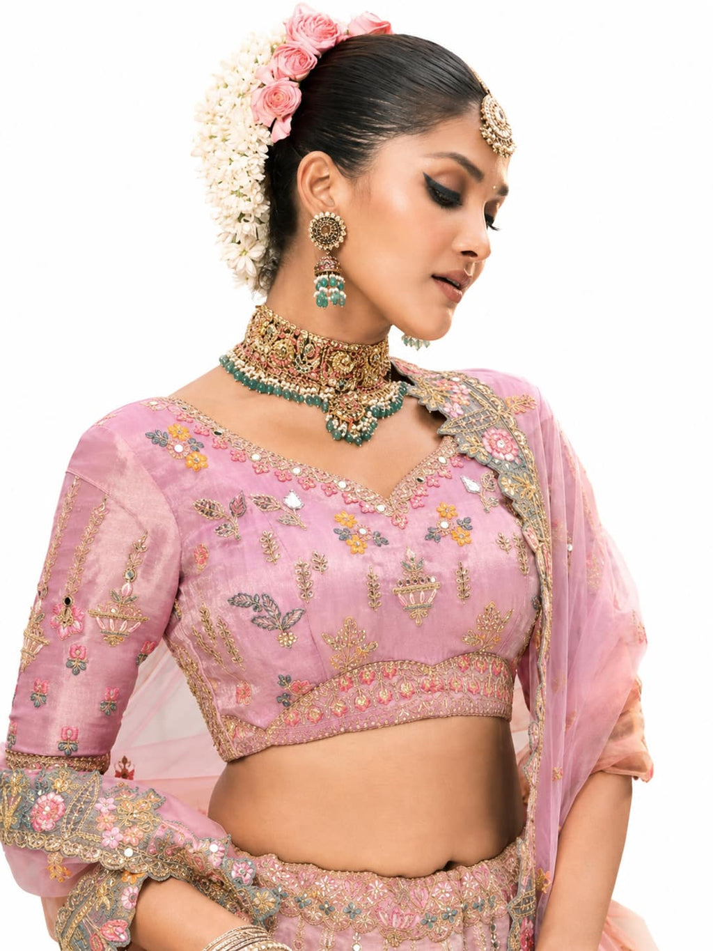 Light Pink & Slate Grey Semi-Stitched Cut Work Border, Stone, Sequence, Mirror, Embroidery Designer Work Fancy Silk Lehengas