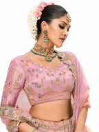 Light Pink & Slate Grey Semi-Stitched Cut Work Border, Stone, Sequence, Mirror, Embroidery Designer Work Fancy Silk Lehengas