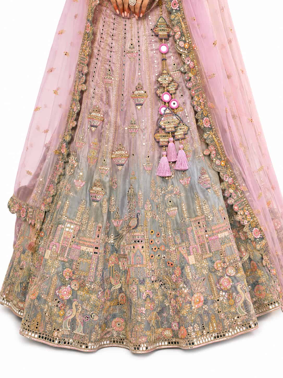 Light Pink & Slate Grey Semi-Stitched Cut Work Border, Stone, Sequence, Mirror, Embroidery Designer Work Fancy Silk Lehengas