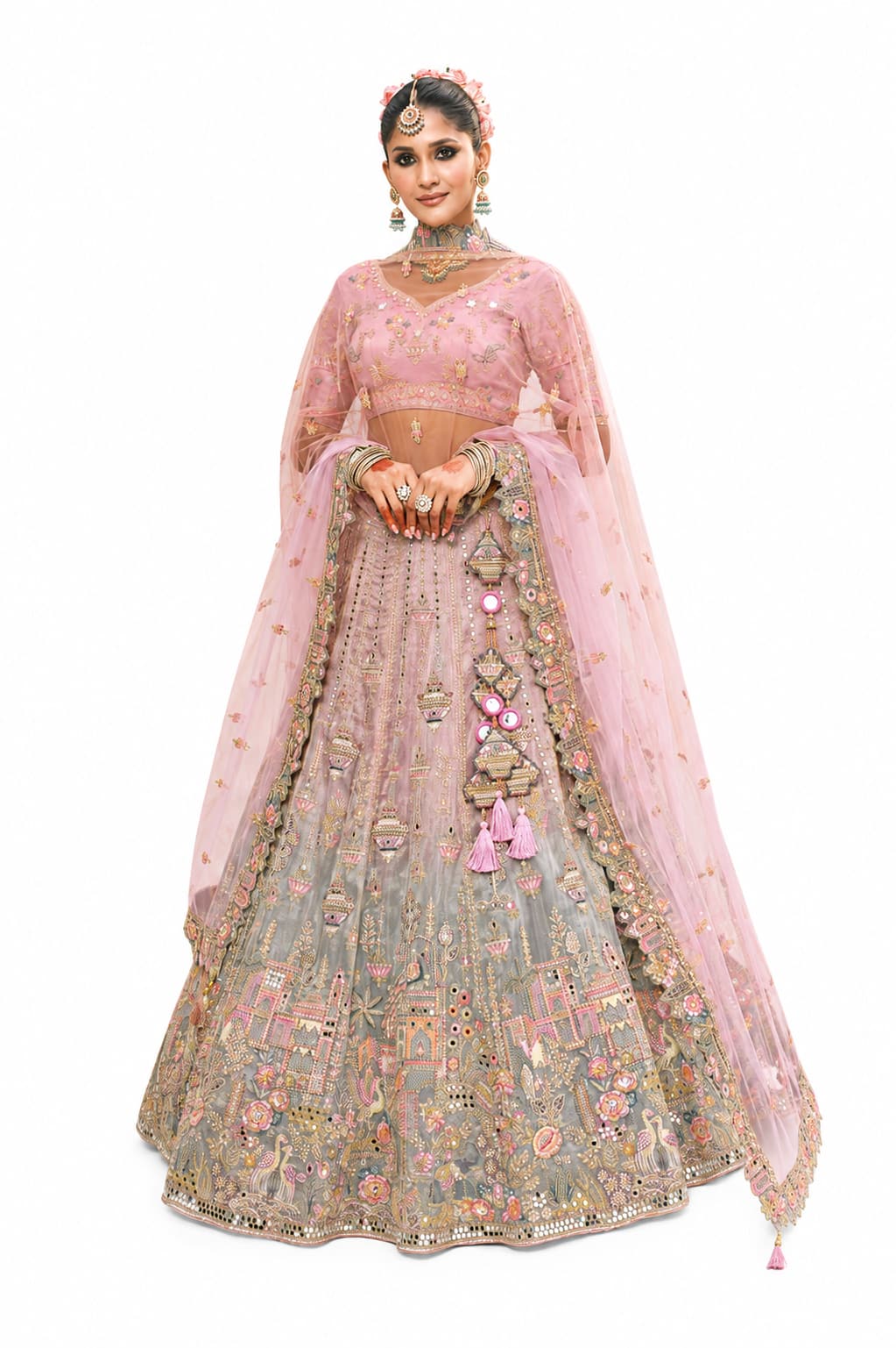 Light Pink & Slate Grey Semi-Stitched Cut Work Border, Stone, Sequence, Mirror, Embroidery Designer Work Fancy Silk Lehengas