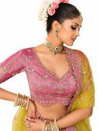 Pink & Yellow Ombre Semi-Stitched Cut Work Border, Stone, Sequence, Mirror, Embroidery Designer Work Fancy Silk Lehengas