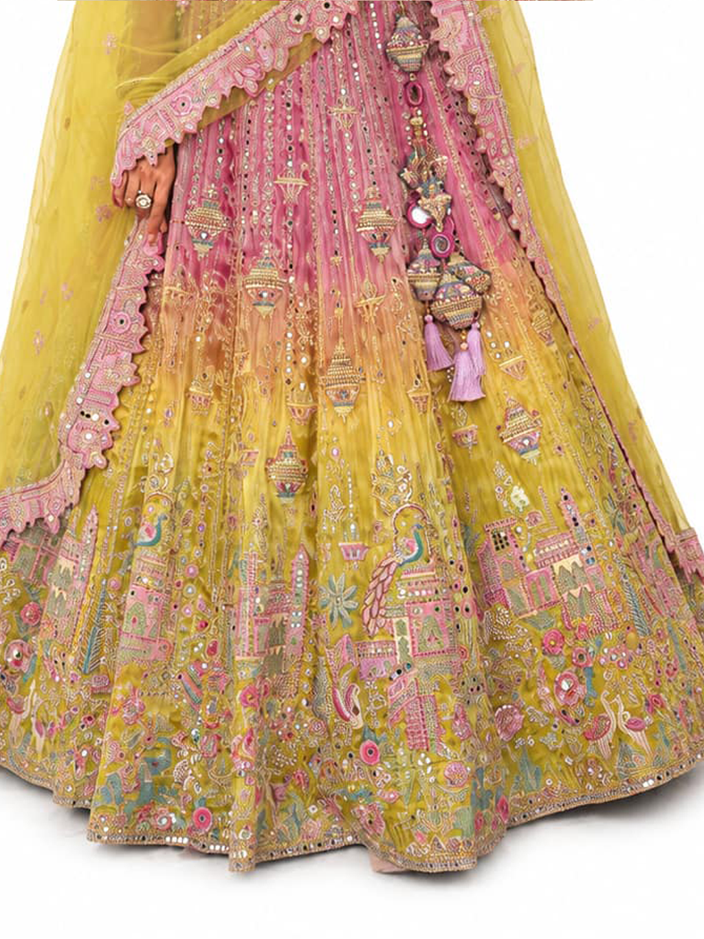 Pink & Yellow Ombre Semi-Stitched Cut Work Border, Stone, Sequence, Mirror, Embroidery Designer Work Fancy Silk Lehengas