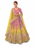 Pink & Yellow Ombre Semi-Stitched Cut Work Border, Stone, Sequence, Mirror, Embroidery Designer Work Fancy Silk Lehengas