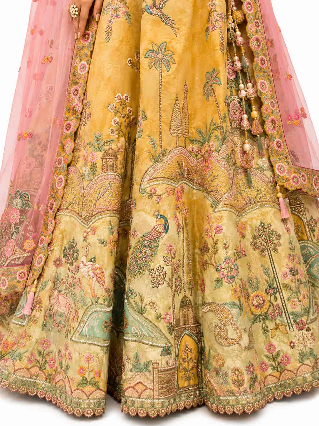 Mustard Yellow Semi-Stitched Cut Work Border, Stone, Sequence, Mirror, Embroidery Designer Work Fancy Silk Lehengas