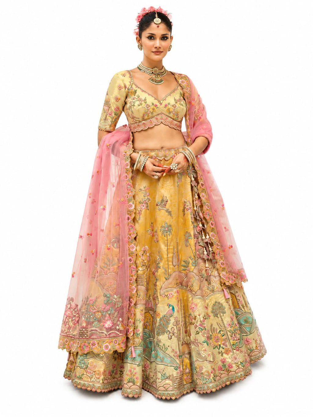 Mustard Yellow Semi-Stitched Cut Work Border, Stone, Sequence, Mirror, Embroidery Designer Work Fancy Silk Lehengas