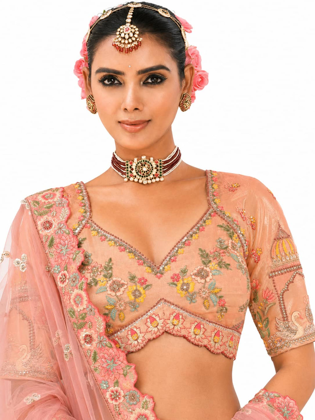 Peach Semi-Stitched Cut Work Border, Stone, Sequence, Mirror, Embroidery Designer Work Fancy Silk Lehengas