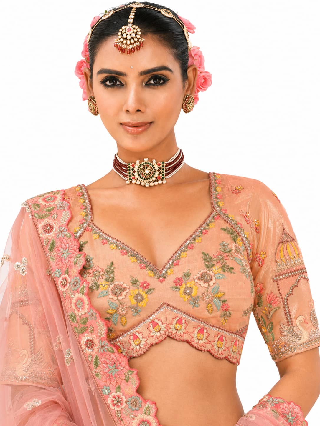 Peach Semi-Stitched Cut Work Border, Stone, Sequence, Mirror, Embroidery Designer Work Fancy Silk Lehengas