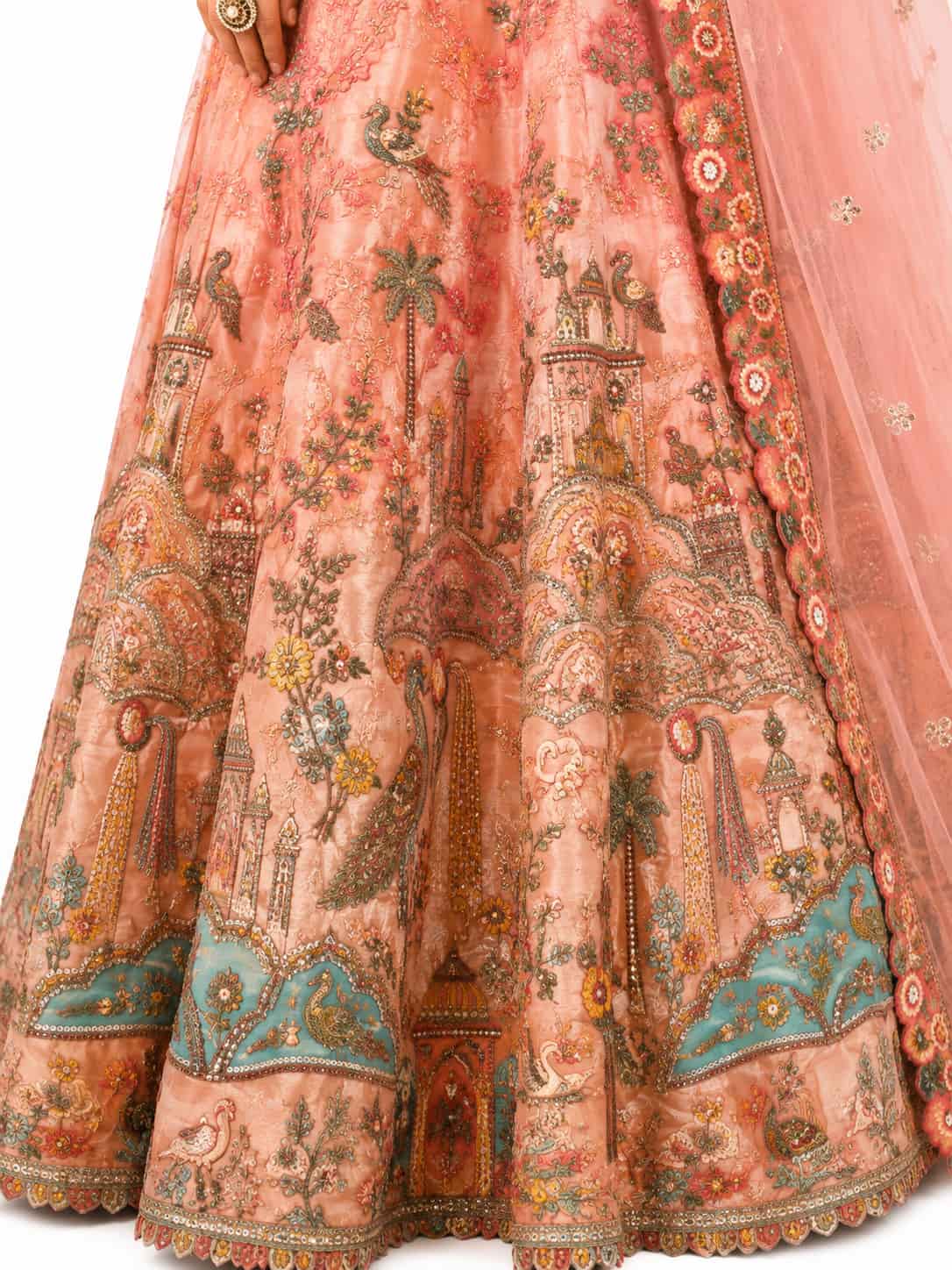 Peach Semi-Stitched Cut Work Border, Stone, Sequence, Mirror, Embroidery Designer Work Fancy Silk Lehengas