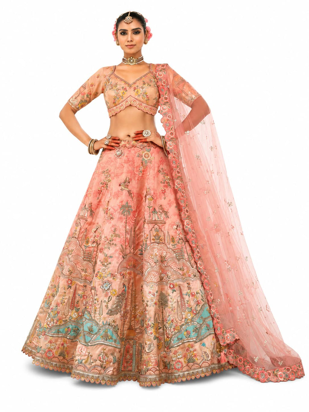 Peach Semi-Stitched Cut Work Border, Stone, Sequence, Mirror, Embroidery Designer Work Fancy Silk Lehengas