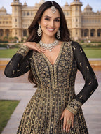 Jet Black Embroidered Chinon Silk Anarkali Gown Suit Set - View 2