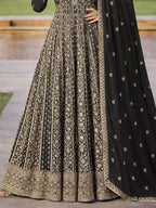 Jet Black Embroidered Chinon Silk Anarkali Gown Suit Set - View 3