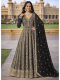 Jet Black Embroidered Chinon Silk Anarkali Gown Suit Set