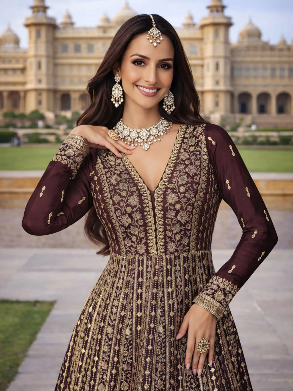 Wine Burgundy Embroidered Chinon Silk Anarkali Gown Suit Set - View 2