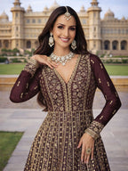 Wine Burgundy Embroidered Chinon Silk Anarkali Gown Suit Set - View 2