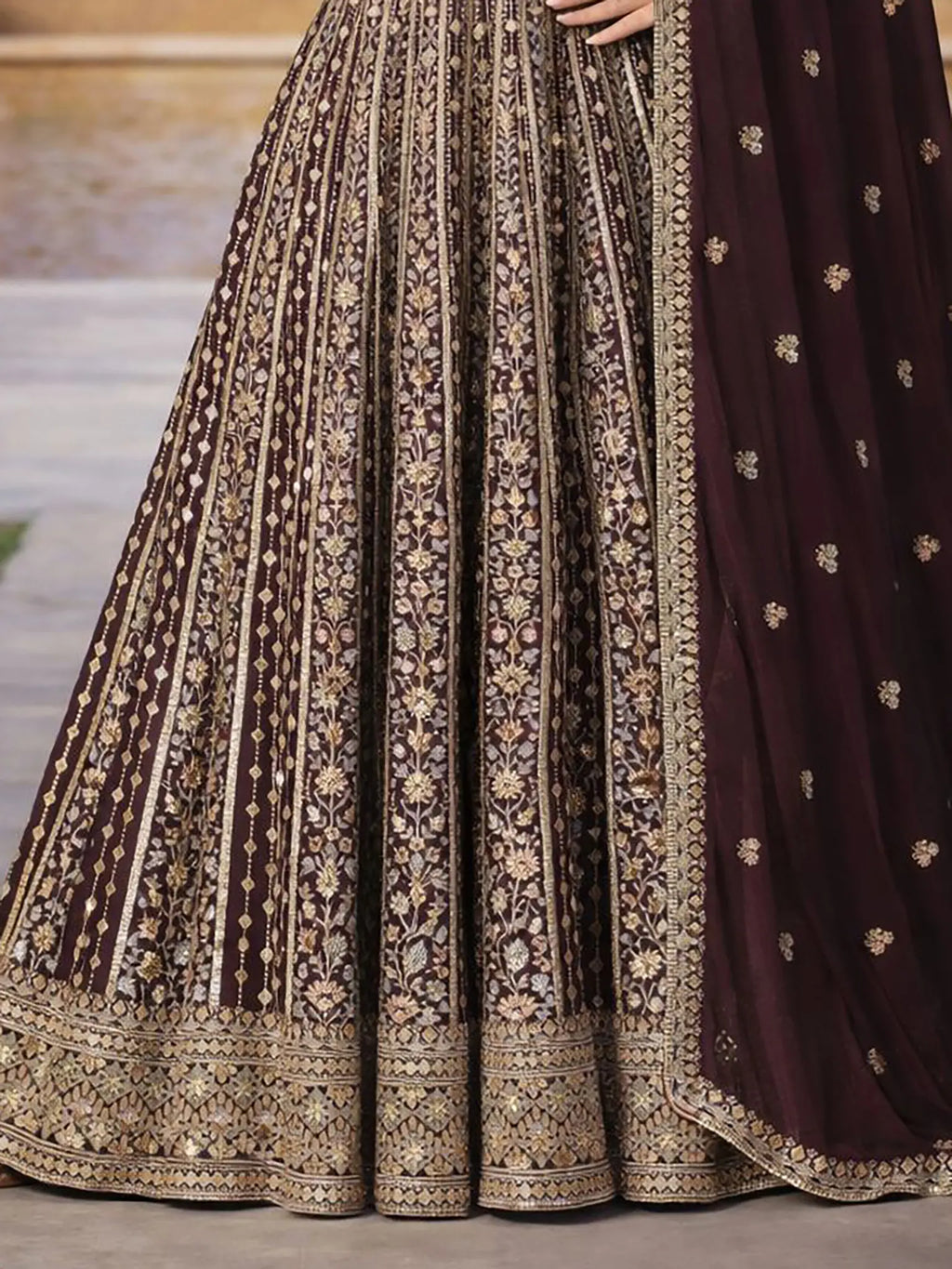 Wine Burgundy Embroidered Chinon Silk Anarkali Gown Suit Set - View 3