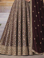 Wine Burgundy Embroidered Chinon Silk Anarkali Gown Suit Set - View 3