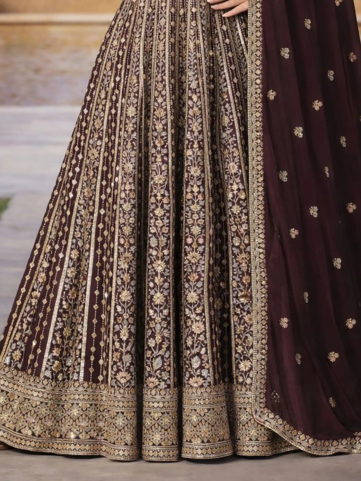 Wine Burgundy Embroidered Chinon Silk Anarkali Gown Suit Set - View 3