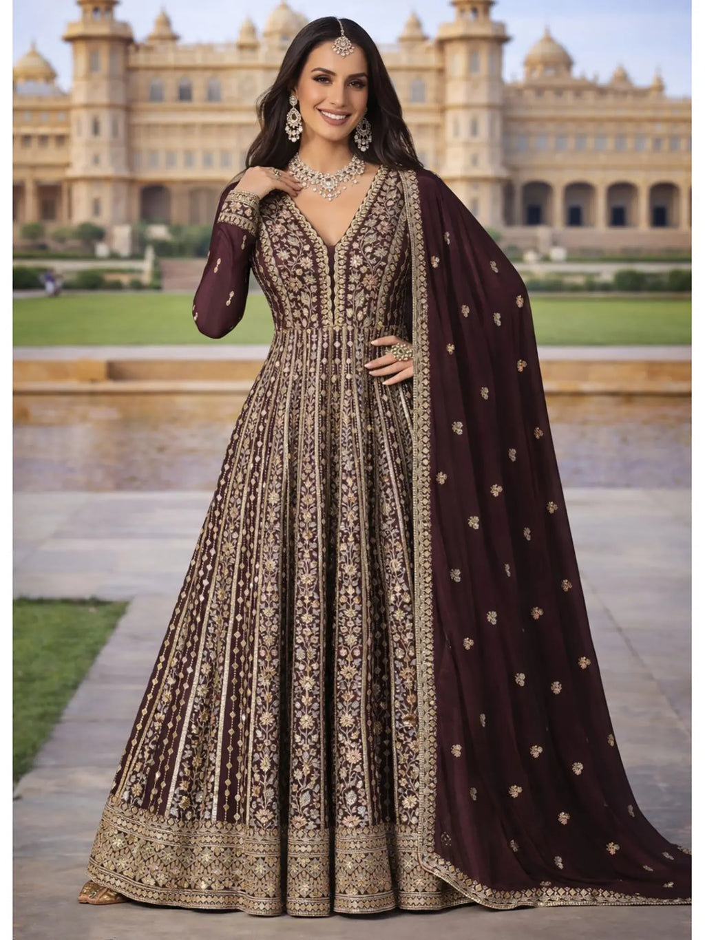 Wine Burgundy Embroidered Chinon Silk Anarkali Gown Suit Set - View 1