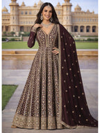 Wine Burgundy Embroidered Chinon Silk Anarkali Gown Suit Set - View 1