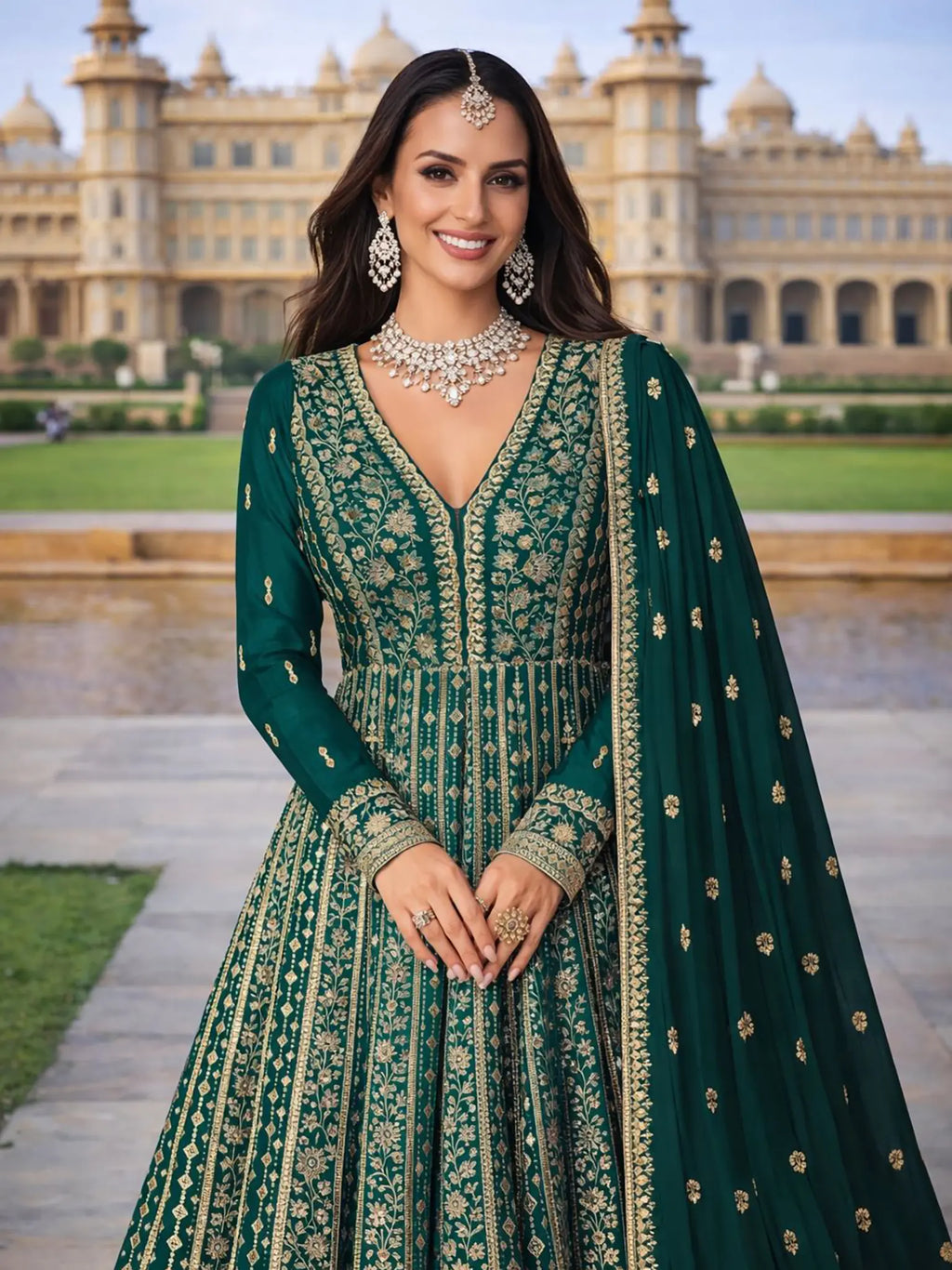 Emerald Green Embroidered Chinon Silk Anarkali Gown Suit Set - View 2