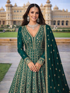 Emerald Green Embroidered Chinon Silk Anarkali Gown Suit Set - View 2