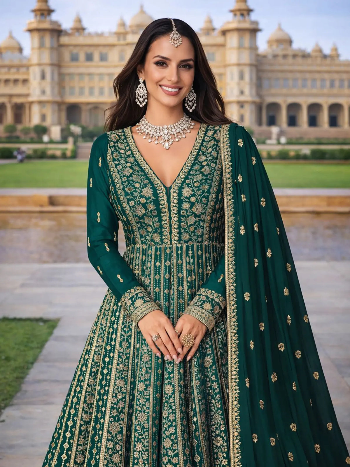 Emerald Green Embroidered Chinon Silk Anarkali Gown Suit Set - View 2
