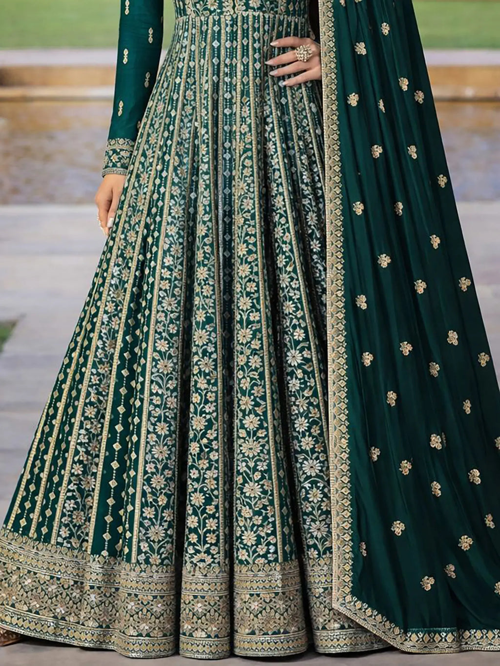 Emerald Green Embroidered Chinon Silk Anarkali Gown Suit Set - View 3