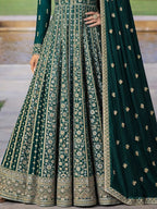 Emerald Green Embroidered Chinon Silk Anarkali Gown Suit Set - View 3