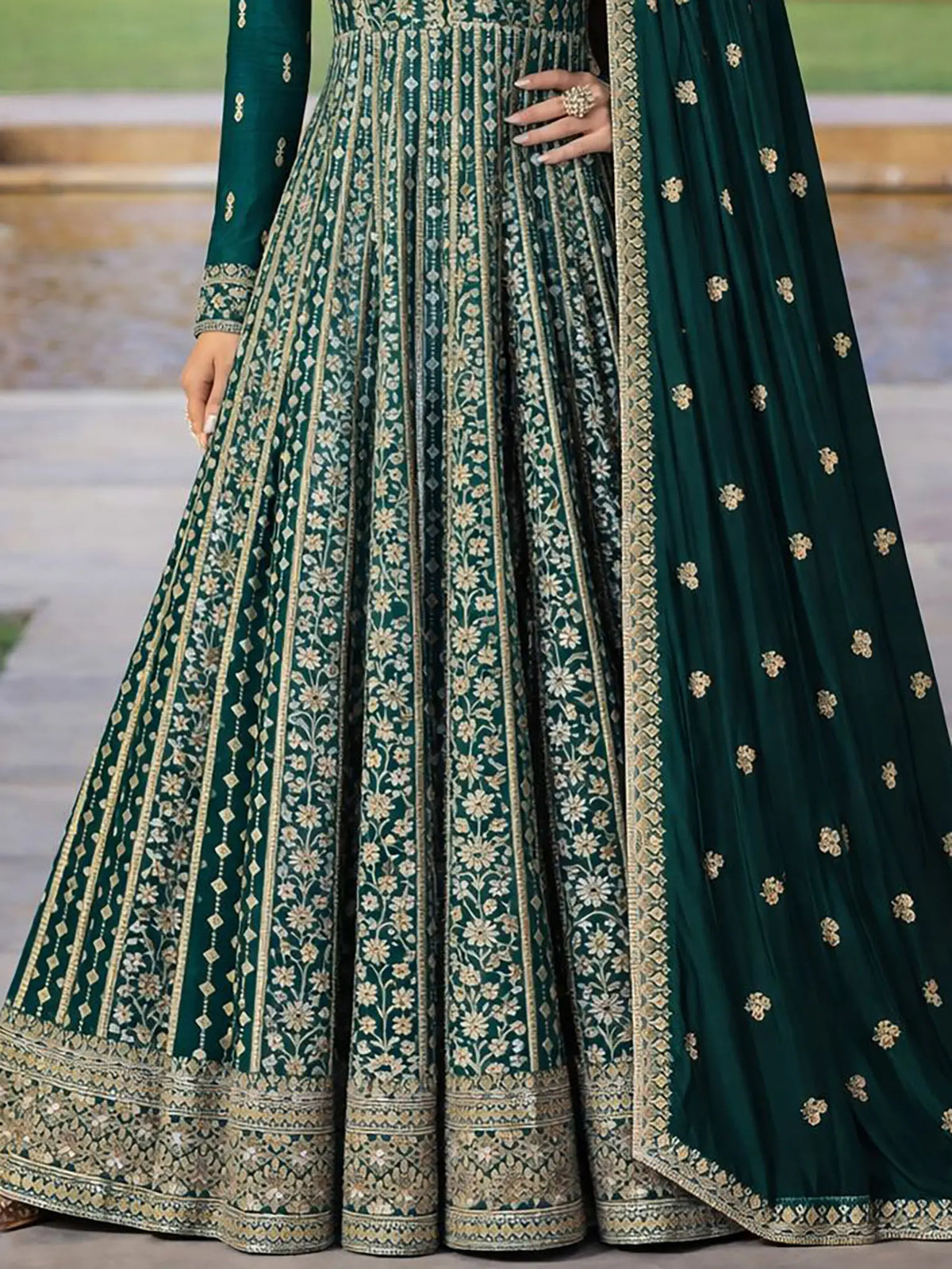 Emerald Green Embroidered Chinon Silk Anarkali Gown Suit Set - View 3