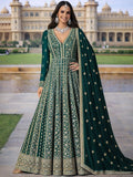 Emerald Green Embroidered Chinon Silk Anarkali Gown Suit Set - View 1