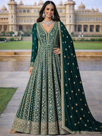 Emerald Green Embroidered Chinon Silk Anarkali Gown Suit Set - View 1