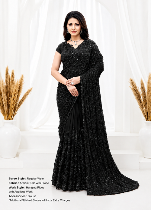 Designer party wear saree design 26816 in Armani Tulle, Stones featuring Applique, Pure Beads Work with matching stitched blouse.