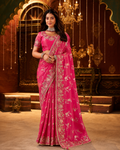Rani Pink Embroidered Border Viscose Silk Party Wear Saree with intricate zari and resham embroidery, scalloped border and designer blouse.