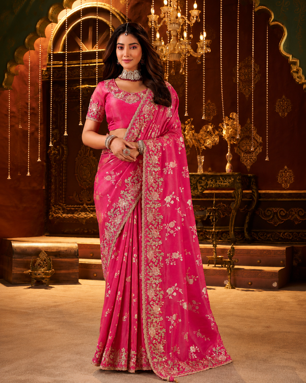 Rani Pink Embroidered Border Viscose Silk Party Wear Saree with intricate zari and resham embroidery, scalloped border and designer blouse.