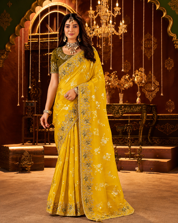 Mustard Yellow Embroidered Border Viscose Silk Party Wear Saree with intricate zari and resham embroidery, scalloped border and designer blouse.