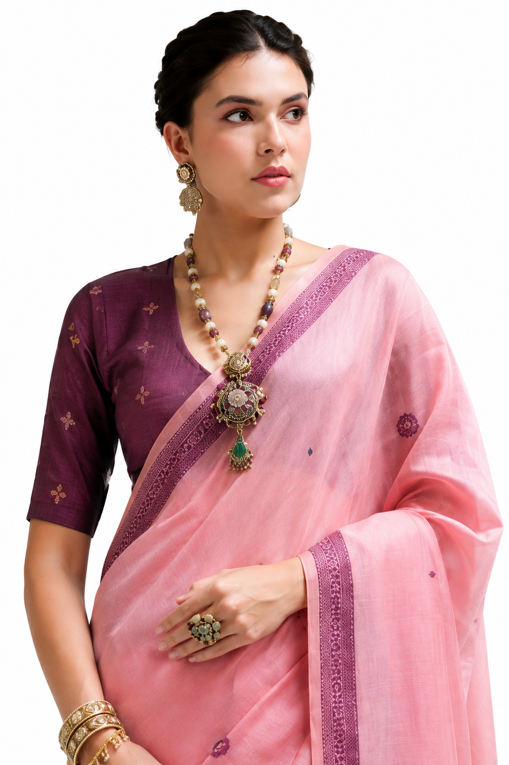 Blush Pink Jamdani Cotton Office Wear Saree - Naksh Creation