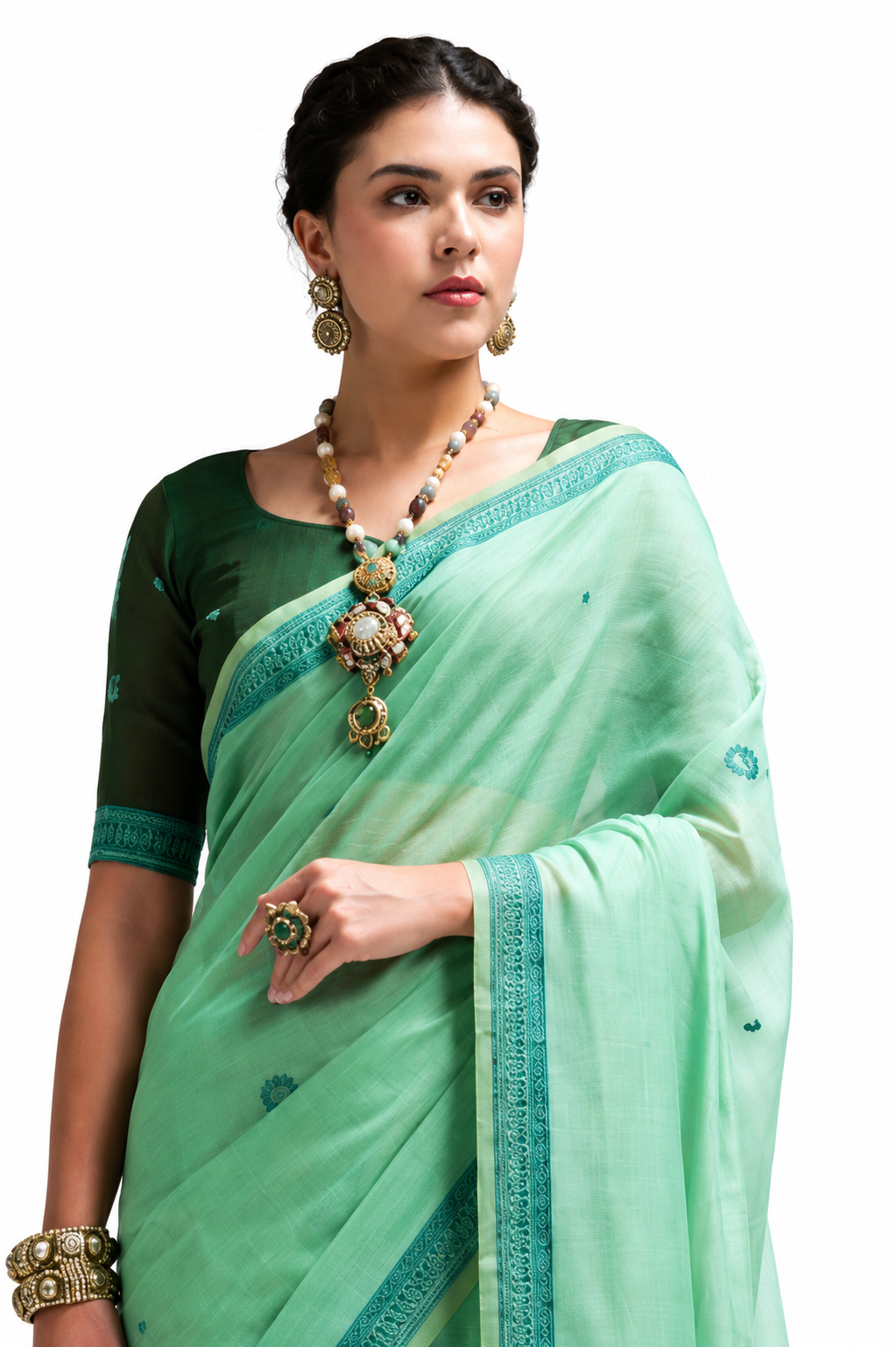 Mint Green Jamdani Cotton Office Wear Saree - Naksh Creation