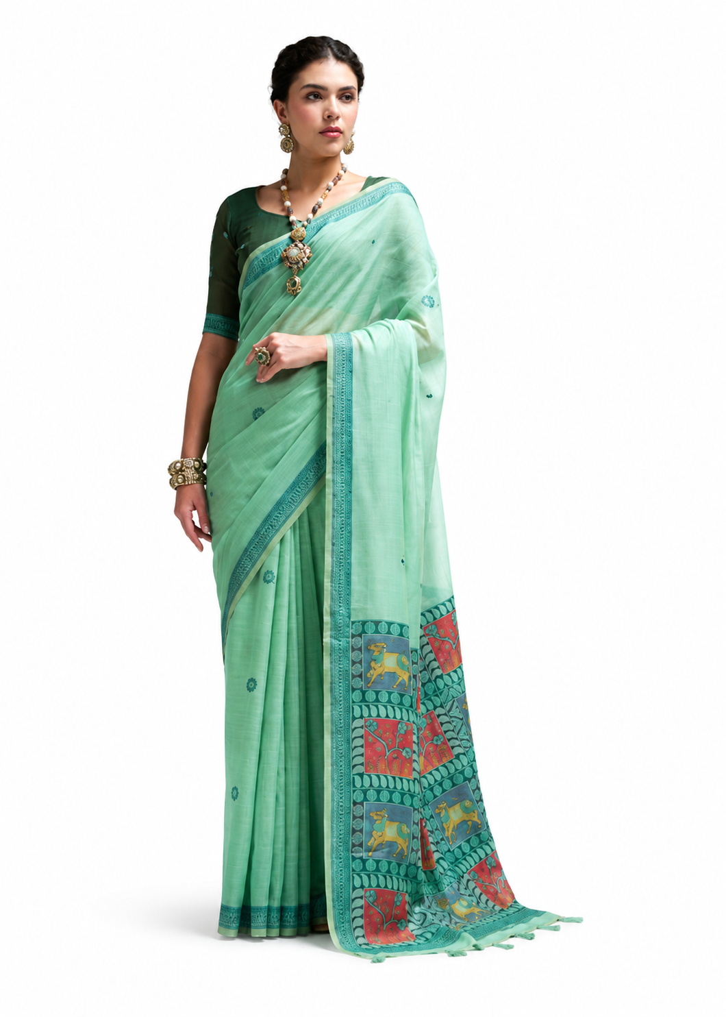 Mint Green Jamdani Cotton Office Wear Saree - Naksh Creation