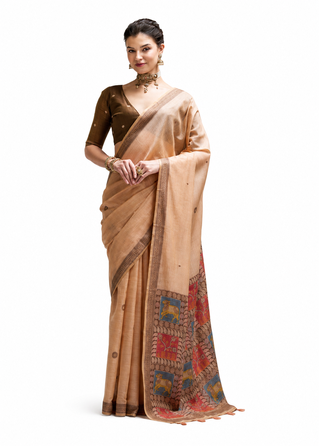 Peach Beige Jamdani Cotton Office Wear Saree - Naksh Creation