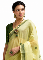 Lime Yellow Jamdani Cotton Office Wear Saree - Naksh Creation