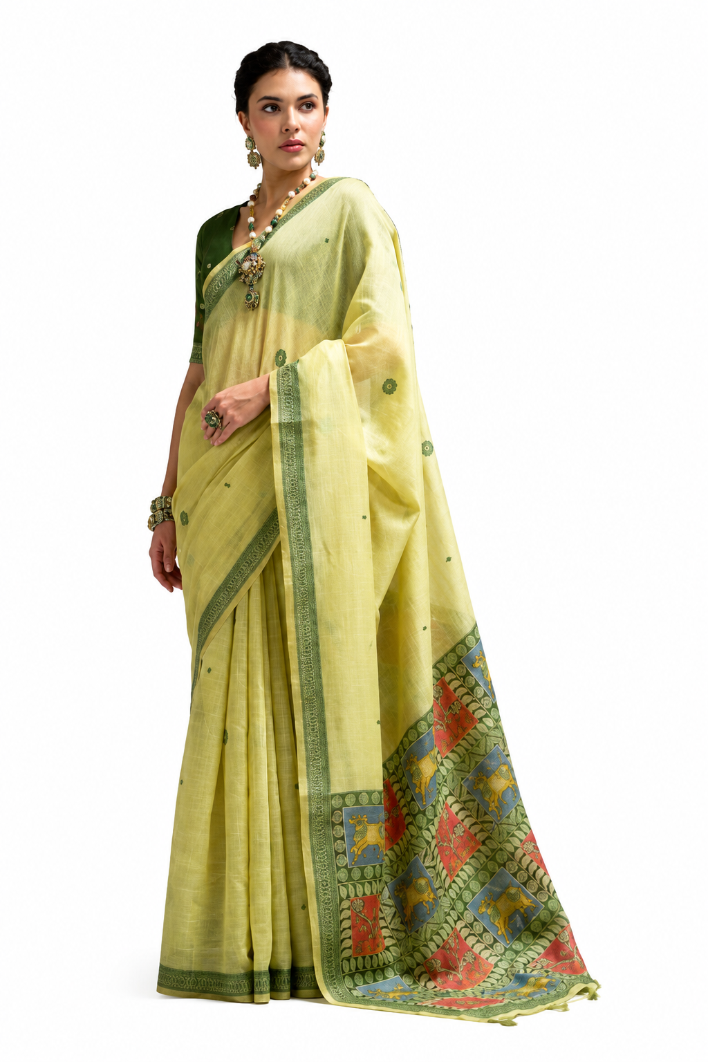 Lime Yellow Jamdani Cotton Office Wear Saree - Naksh Creation