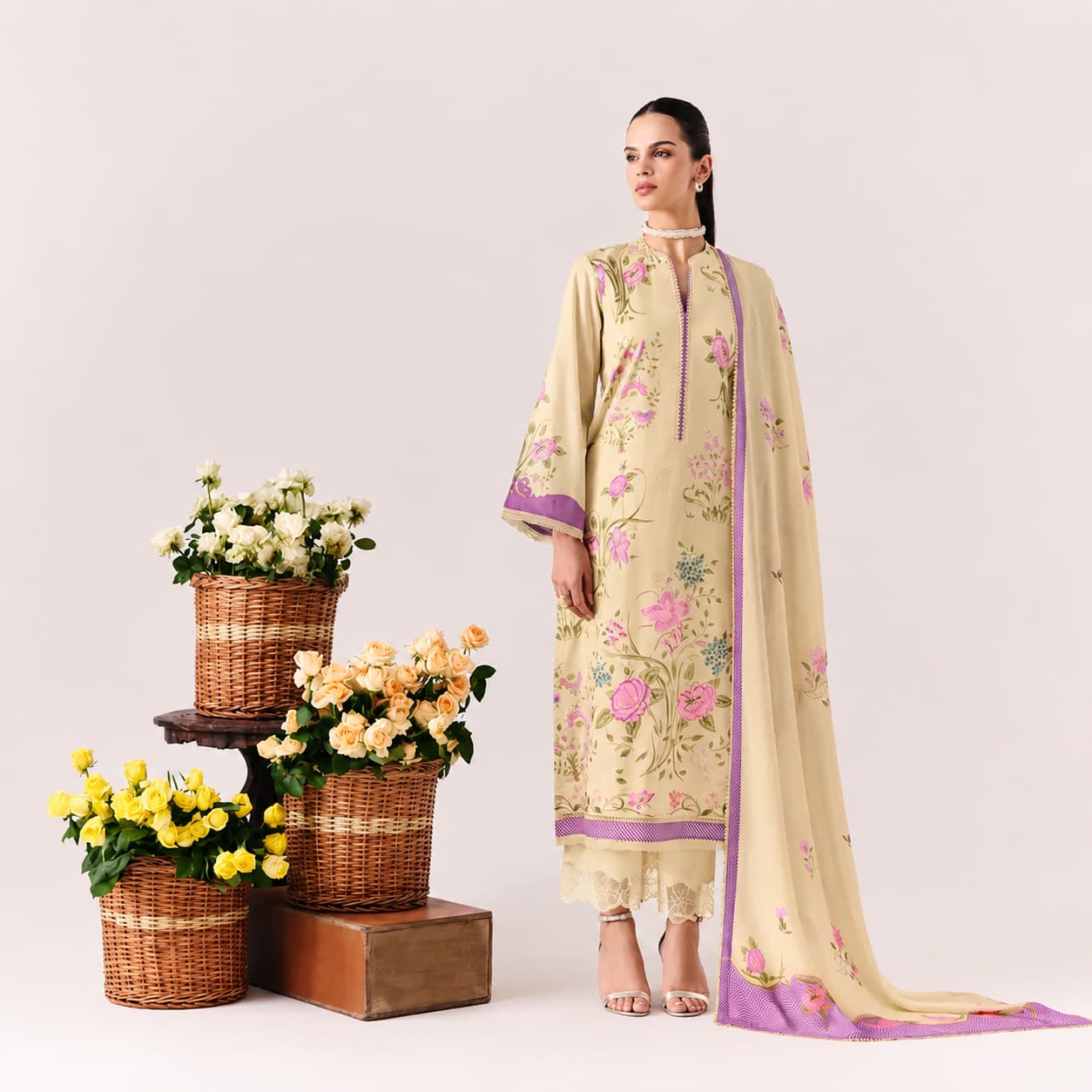 Premium beige floral cotton lawn unstitched salwar kameez with Bemberg muslin dupatta