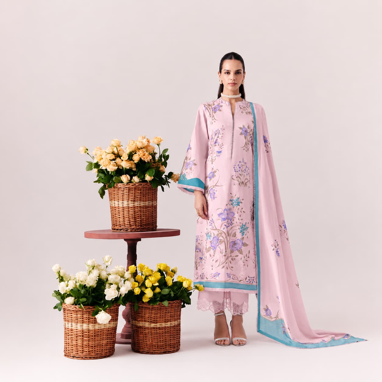 Premium blush pink cotton lawn embroidered unstitched salwar kameez set with muslin dupatta
