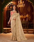 Cream Embroidered Border Viscose Silk Party Wear Saree with intricate zari and resham embroidery, scalloped border and designer blouse.