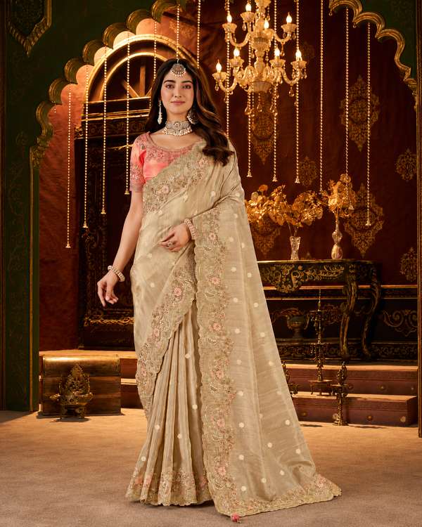 Cream Embroidered Border Viscose Silk Party Wear Saree with intricate zari and resham embroidery, scalloped border and designer blouse.
