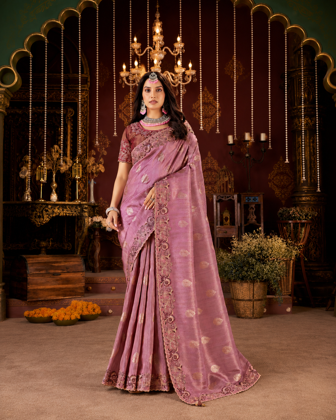 Mauve Embroidered Border Viscose Silk Party Wear Saree with intricate zari and resham embroidery, scalloped border and designer blouse.