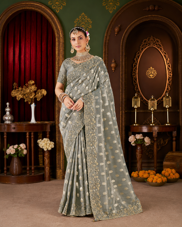Silver Grey Embroidered Border Viscose Silk Party Wear Saree with intricate zari and resham embroidery, scalloped border and designer blouse.