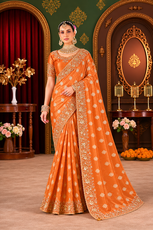 Peach Embroidered Border Viscose Silk Party Wear Saree with intricate zari and resham embroidery, scalloped border and designer blouse.