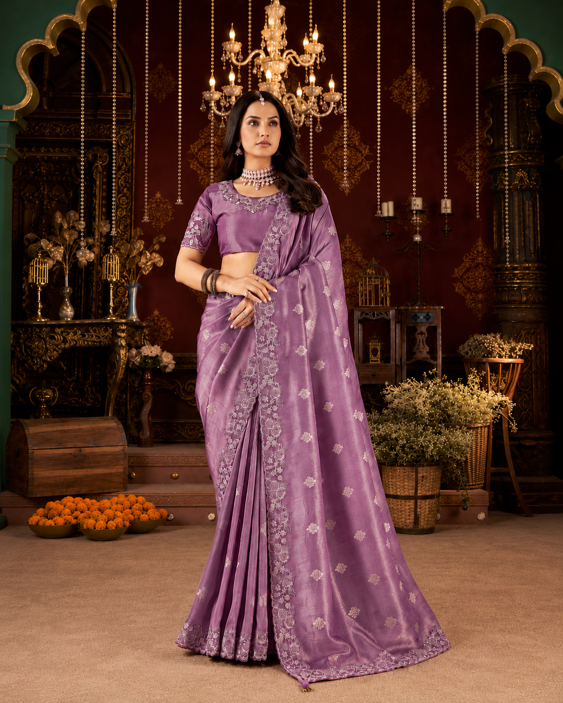 Lavender Embroidered Border Viscose Silk Party Wear Saree with intricate zari and resham embroidery, scalloped border and designer blouse.
