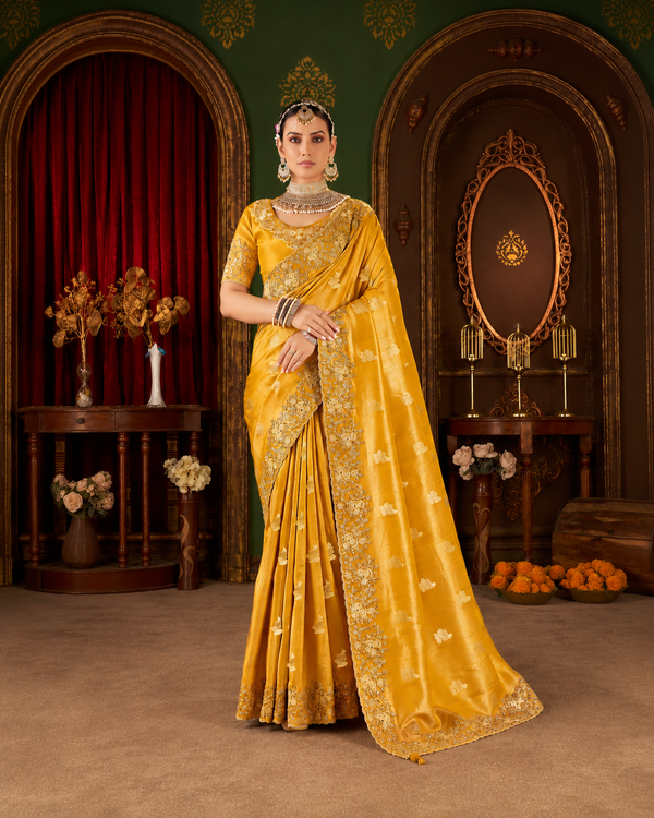 Mustard Gold Embroidered Border Viscose Silk Party Wear Saree with intricate zari and resham embroidery, scalloped border and designer blouse.
